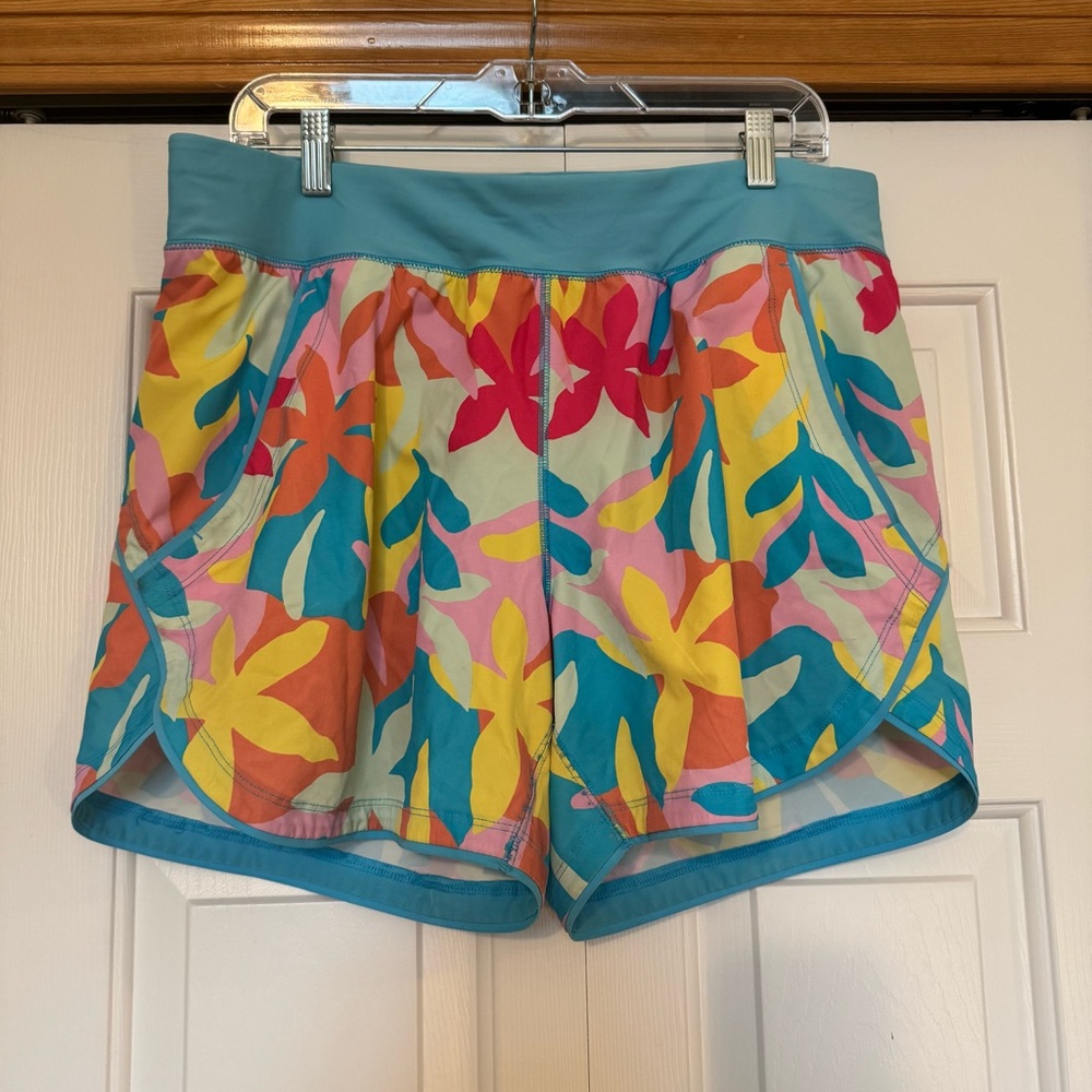 Lands' End Floral Multicolor Swim Shorts - Teal Waistband